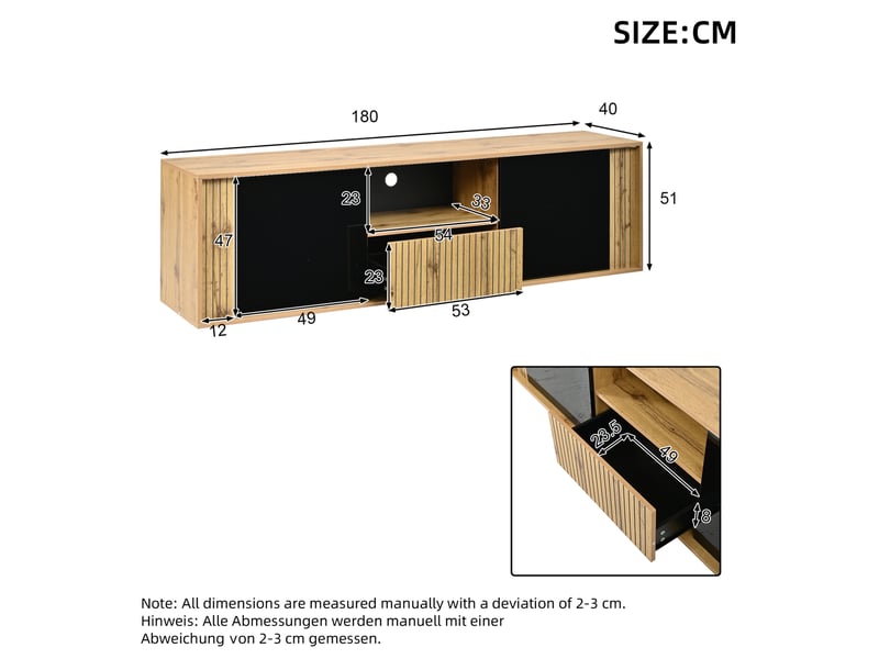  Meuble tv tcqpz 180 x 40 x 51 cm led bluetooth 2 portes 1 tiroir noir et bois naturel  - Conforama C