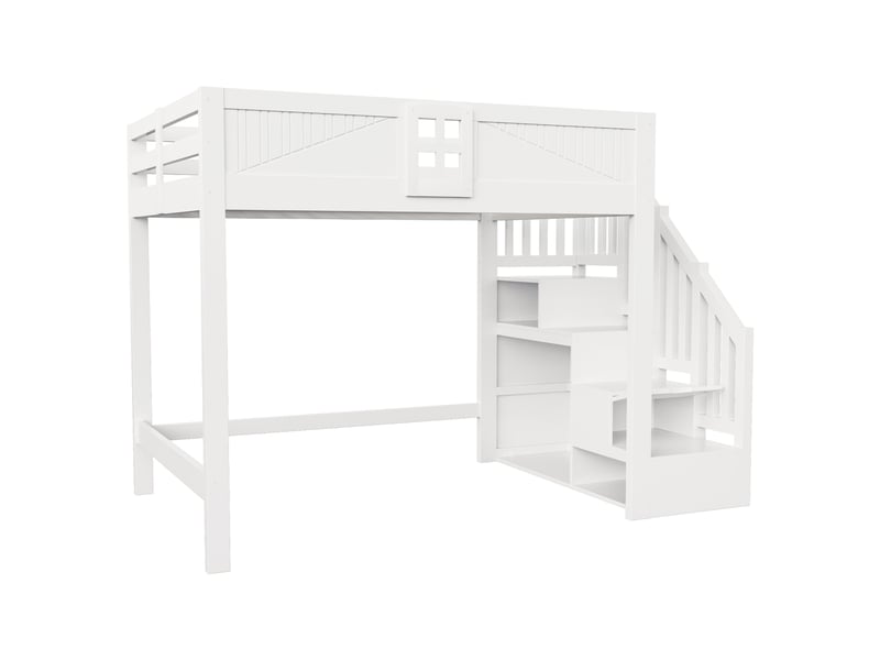 Lit mezzanine 140x200 cm en bois massif - rangement avec échelle réversible - garde-corps avec fenêtre - blanc - Conforama W