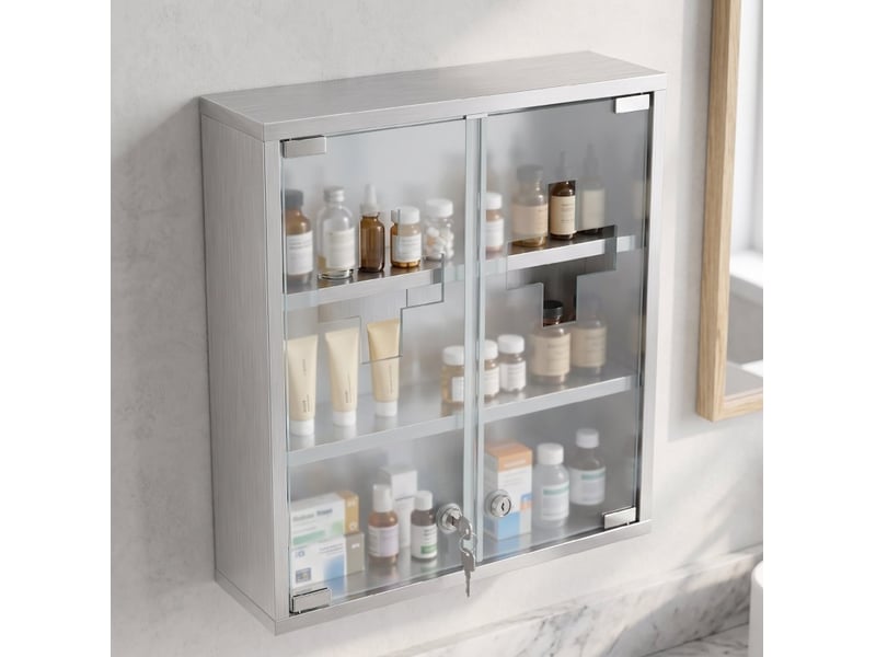  Armoire à pharmacie murale verrouillable en acier inoxydable argenté, 6 espaces de rangement sécurisés  - Conforama E