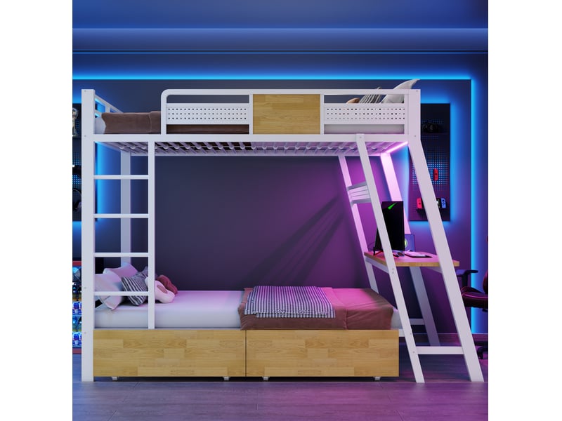  Lit superposé 90x200 cm, espace de rangement, avec bureau intégré, led et rangements, mdf et métal, blanc, sans matelas  - Conforama D