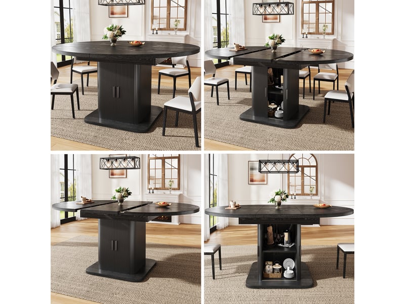  Table à manger extensible ovale 110-150x110x75 cm table à manger 4 à 6 personnes ronde moderne avec portes coulissantes, noir  - Conforama R