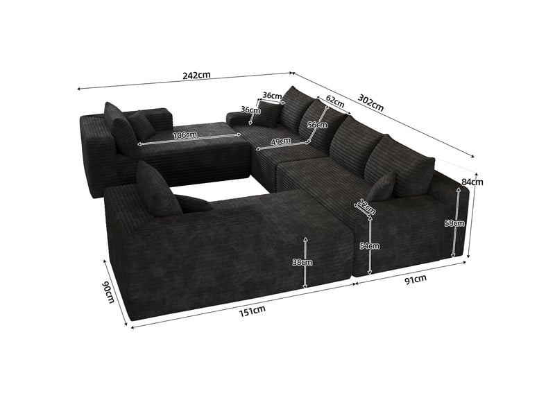  Canapé modulable convertible 2 places 302 x 242 x 83 cm, canapé-lit sans structure, rembourrage mousse, design minimaliste, velours côtelé, noir Bliss Lite - Conforama C