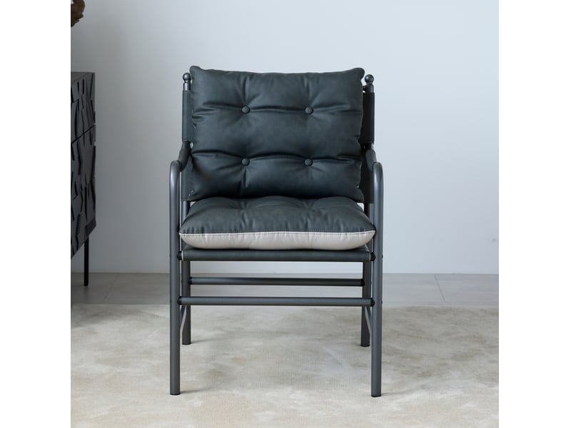  Fauteuil d'accent avec accoudoirs et dossier rembourré, style moderne du milieu du siècle en similicuir et métal noir  - Conforama E