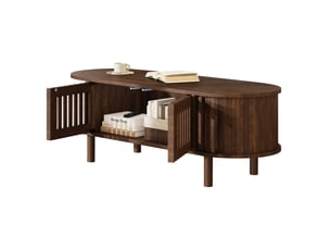 Table basse ovale 100x40x38 cm – noyer foncé – rangement avec 2 portes à lamelles et porte coulissante