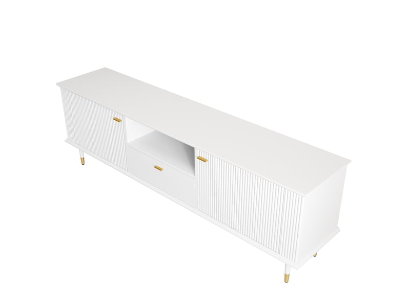 Meuble tv blanc 170 cm mdf laqué avec pieds dorés et rangement - Conforama E
