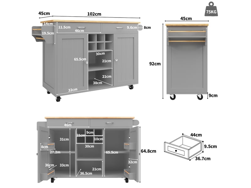  Îlot de cuisine mobile 102x45x92 cm avec rangement, mdf et métal, gris  - Conforama C