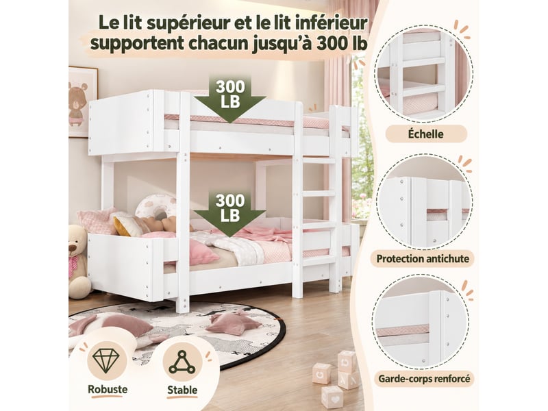  Lit superposé enfant 90x200 cm avec escalier, barrières renforcées, design épuré, sans matelas, blanc  - Conforama D