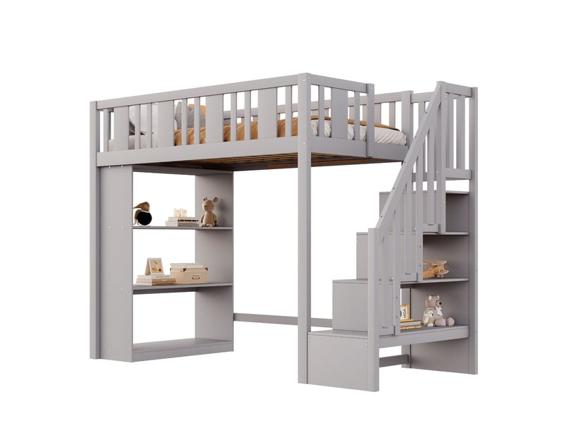  Lit mezzanine 90x200, structure bois massif lit mezzanine enfant, escalier rangements intégrés, garde-corps sécurité  - Conforama D
