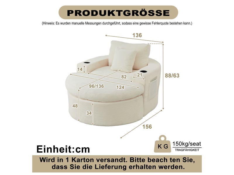 Fauteuil lounge xxl 156 x 136 x 88 cm avec pouf, rangement, porte-gobelet et double coussin, velours côtelé, mousse et ressorts, beige OMNIGLINT TRADING LTD - Conforama D