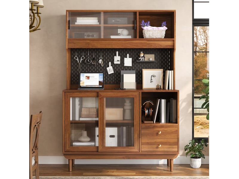 Buffet de cuisine avec portes en verre rainuré et 2 tiroirs, 117x30x170 cm finition noyer - Conforama B