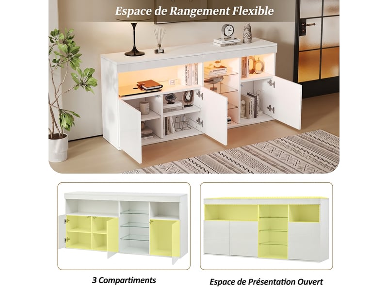 Buffet salon blanc laqué avec led 155 cm - 3 portes et étagères en verre - meuble de rangement moderne - Conforama E