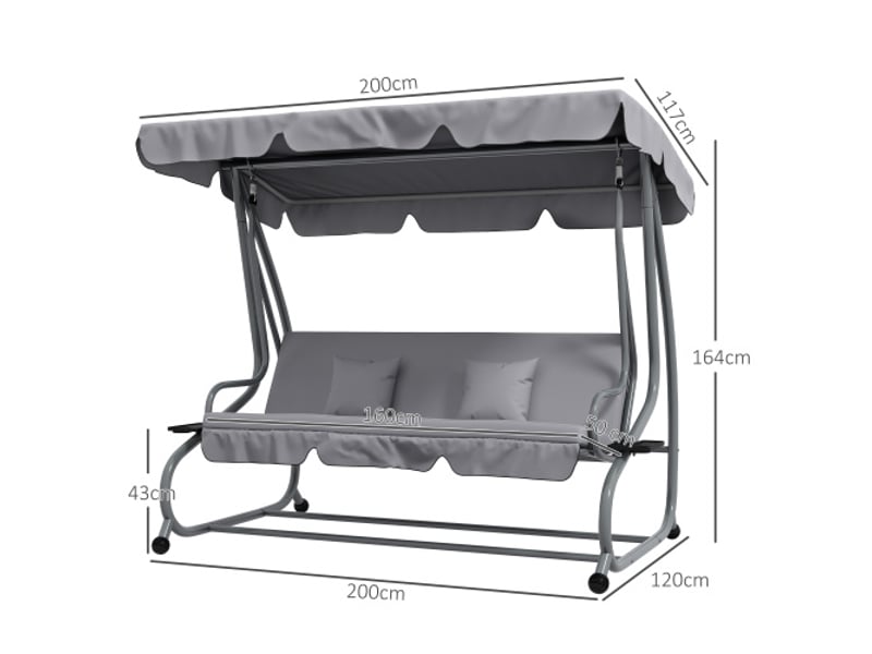 Balancelle outsunny 3 places, 340 kg, fonction lit, toit réglable, table pliante, 200x120x164 cm, gris clair - Conforama C