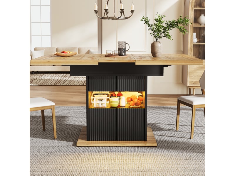  Table à manger extensible 110-140x80 cm noire effet bois avec rangement led  - Conforama D