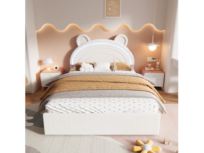  Lit enfant 140x200 cm lit rembourré, 4 tiroirs et led pilotée par application, beige, sans matelas  - Conforama B