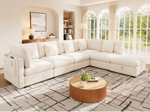 Canapé d'angle réversible convertible <strong>BGSRYAO</strong> <strong></strong> 6 places Tissu beige avec coffre de rangement