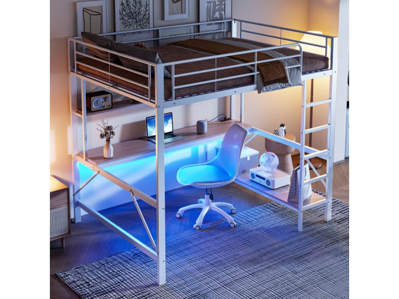  Lit mezzanine 140x200 cm coloris blanc led métal lit enfant blanc - Conforama E