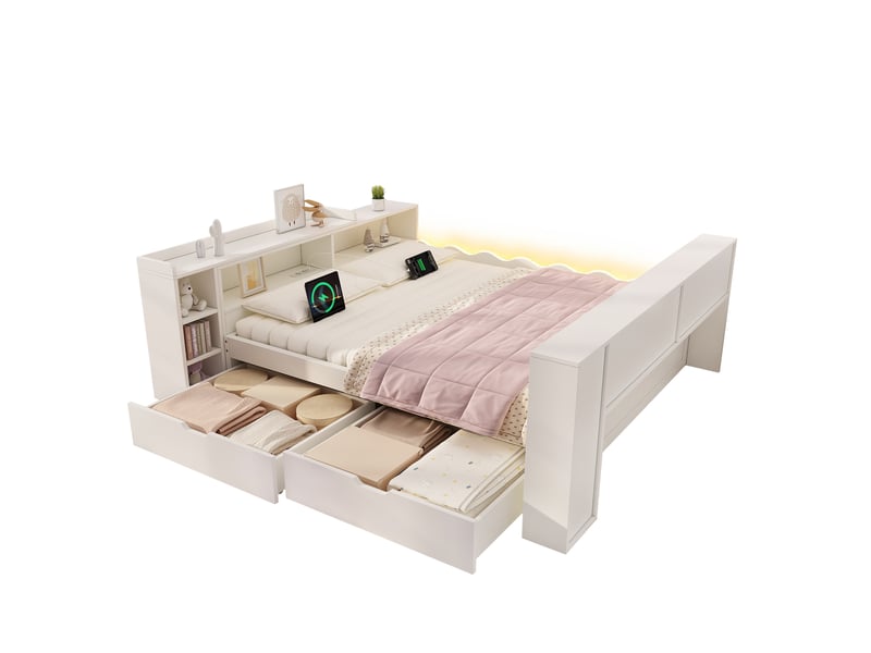 Lit coffre 140x190 cm avec 2 tiroirs, led, prises et tablette coulissante, blanc - Conforama A