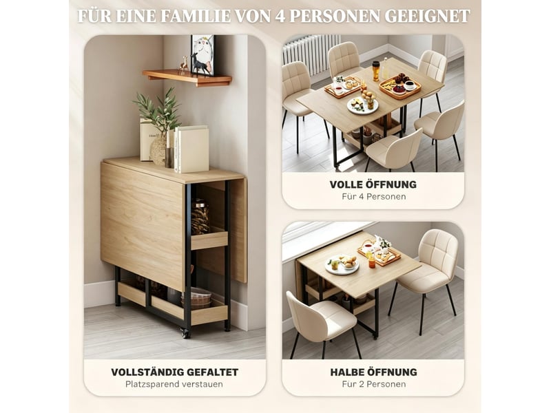  Table à manger pliante 4 personnes avec roulettes, rangements ouverts et plateau extensible bois clair pour petits espaces  - Conforama D