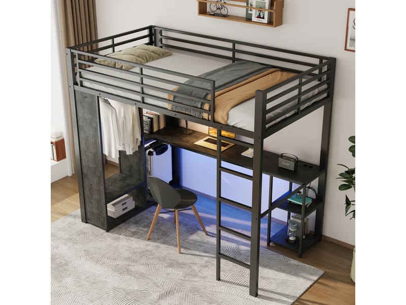  Lit superposé 90x200 cm noir mdf et métal avec bureau rangements étagères armoire ouverte led et prises usb type-c Sol Morn - Conforama B