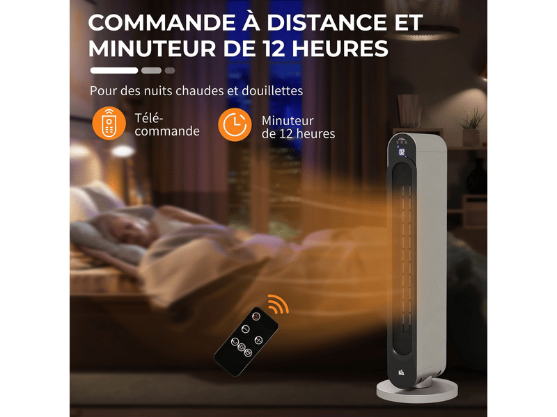  Radiateur céramique tour chauffage d'appoint 2200w avec télécommande oscillation argent et noir  - Conforama E