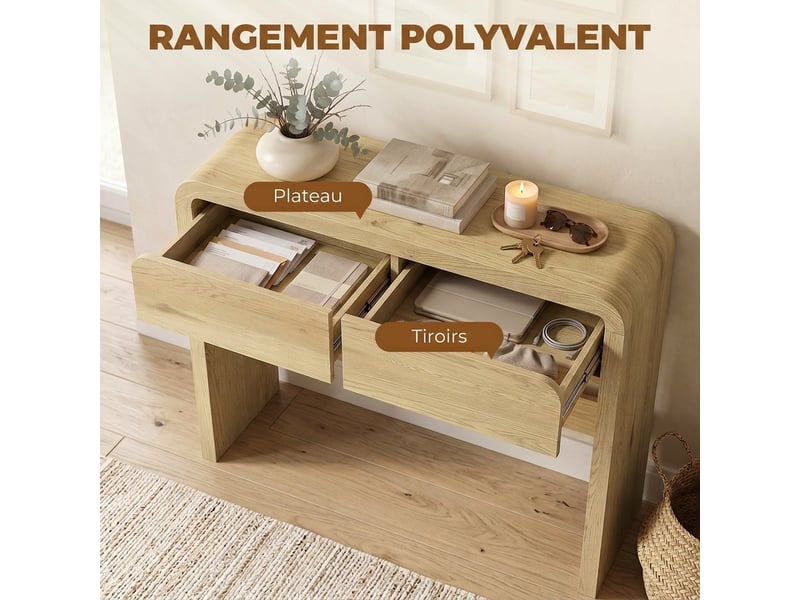  Table console avec 2 tiroirs, console meuble, coins arrondis et plateau épais, 100 x 30 x 85 cm, bois naturel  - Conforama R