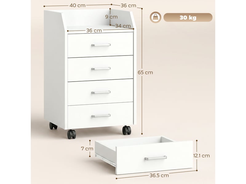  Commode de bureau en bois à 4 tiroirs, roulettes et bords surélevés, 40 x 36 x 65 cm, blanche  - Conforama E