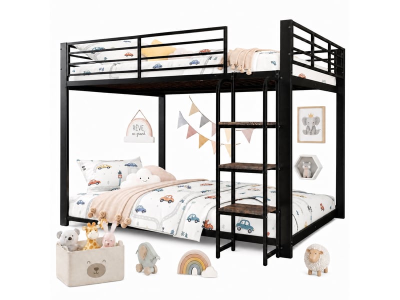  Lit superposé 140x200 cm avec escalier en bois, garde-corps de sécurité et sommier à lattes, métal, noir, sans matelas  - Conforama A