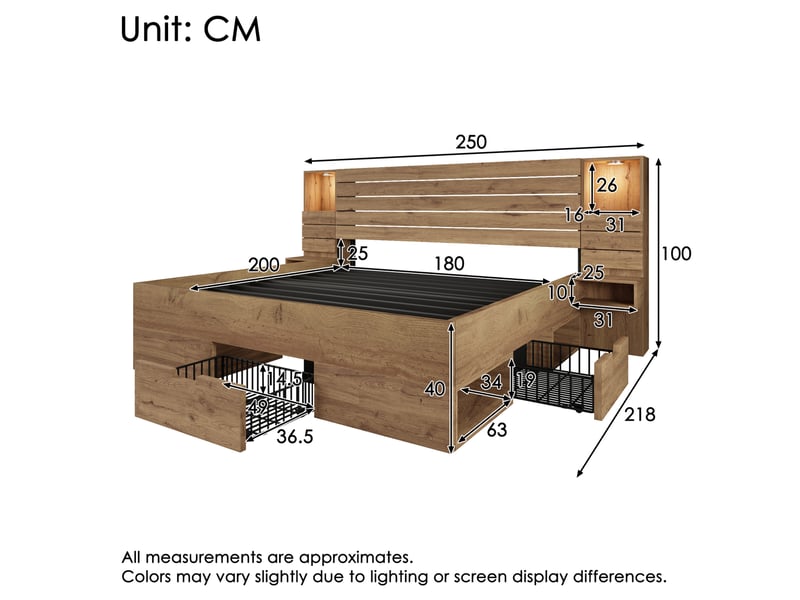  Lit double 180 x 200 cm avec rangements, éclairage led et ports usbtype-c, aspect chêne, sans matelas  - Conforama E