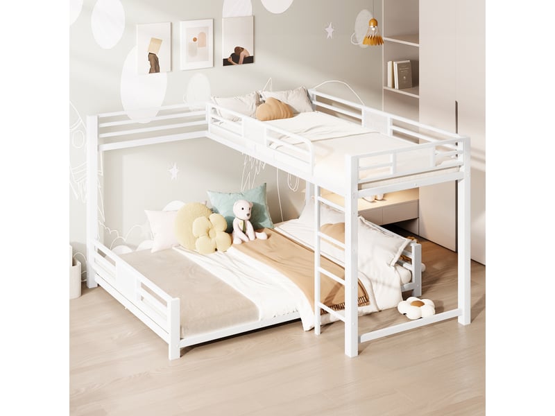  Lit superposé lit enfant en métal en l 90x200 cm au-dessus de 140x200, lit 2 personnes, blanc  - Conforama E