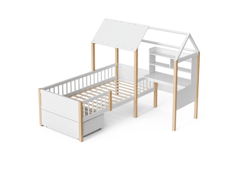 Lit enfant maison multifonction 90x200 cm, bureau l, étagère, tiroirs, blanc, bois - Conforama A