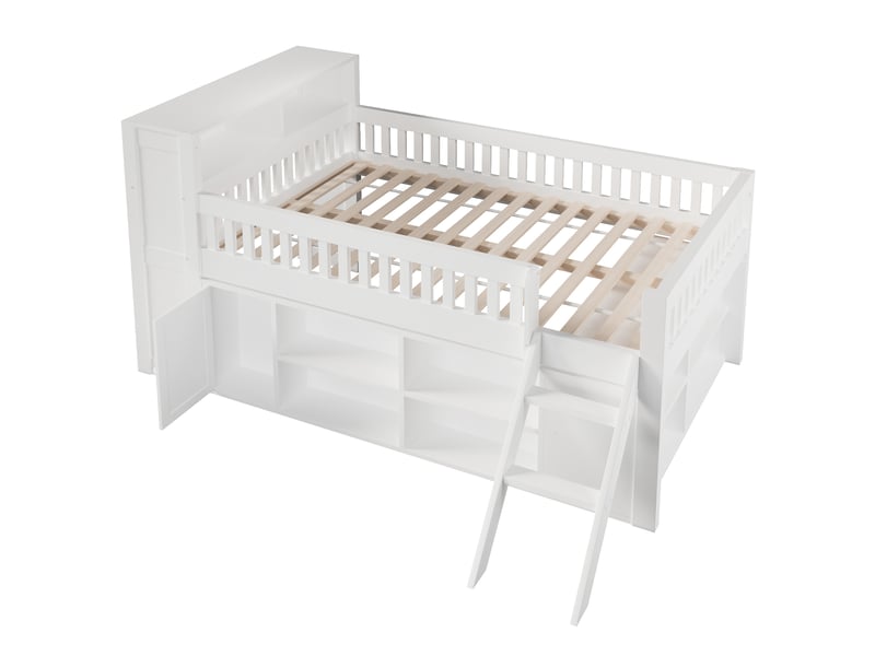  Lit mezzanine 120x200 cm avec éclairage led et rangements, mdf et bois, couleur blanc, sans matelas  - Conforama A