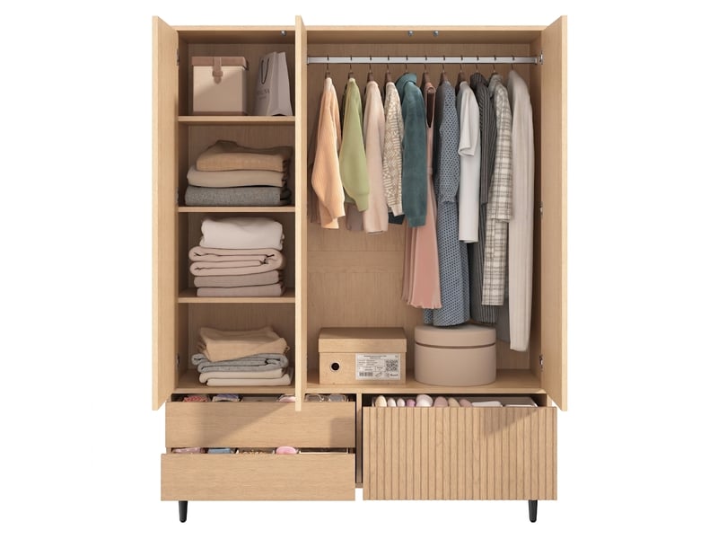  Armoire de chambre 3 portes avec miroir 135x45x200 cm penderie 3 tiroirs 4 étagères aspect chêne  - Conforama A