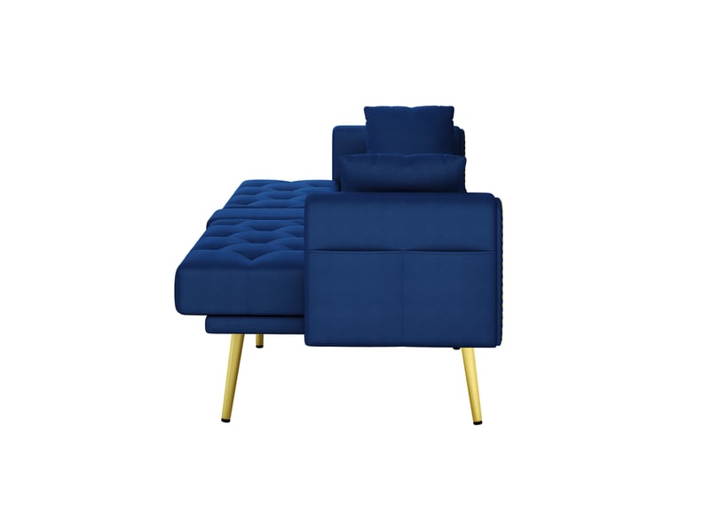  Canapé droit convertible 2 places en velours bleu, dossier réglable 3 positions avec porte-gobelets rangement latéral  - Conforama D