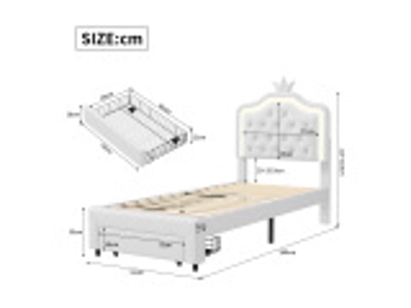 Lit enfant 90x200 cm avec 1 tiroir, lit capitonné avec tête de lit couronne lumineuse led, lit simple avec tête de lit réglable, pu, blanc,sans matelas - Conforama B