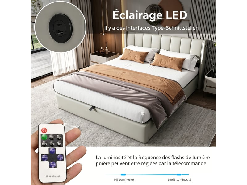  Lit rembourré 180x200 cm avec coffre hydraulique, éclairage led, usb et tête de lit réglable, pu gris  - Conforama D
