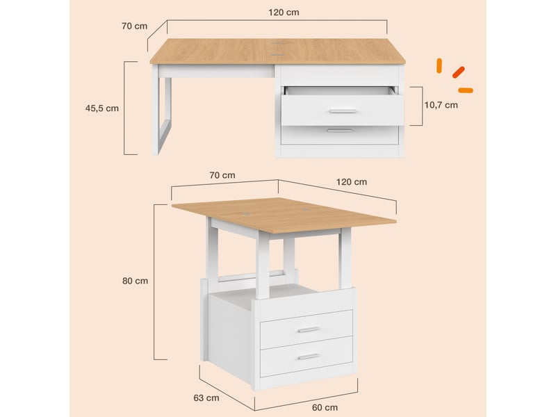 Table basse extensible et relevable en table à manger amaya 120 cm 2 modules avec 2 tiroirs blanc et bois - Conforama D