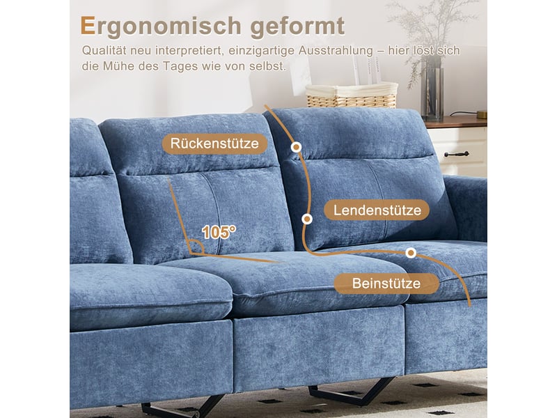  Canapé d’angle modulable 3 places 201x77x86 cm, méridienne réversible avec coffre, poches latérales, pieds en bois, style scandinave, chenille bleu  - Conforama E