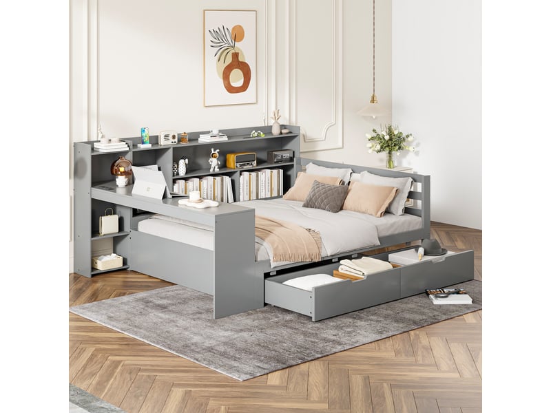  Lit banquette en bois massif 140*200 cm gris, bureau, bibliothèque, prises et 2 grands rangements  - Conforama D