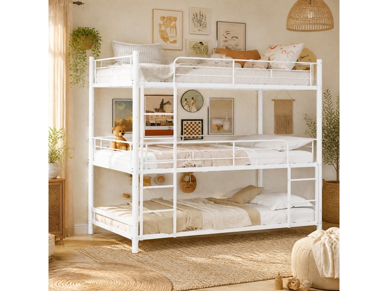 Lit superposé triple 90x190 cm en fer blanc avec échelles intégrées - Conforama C