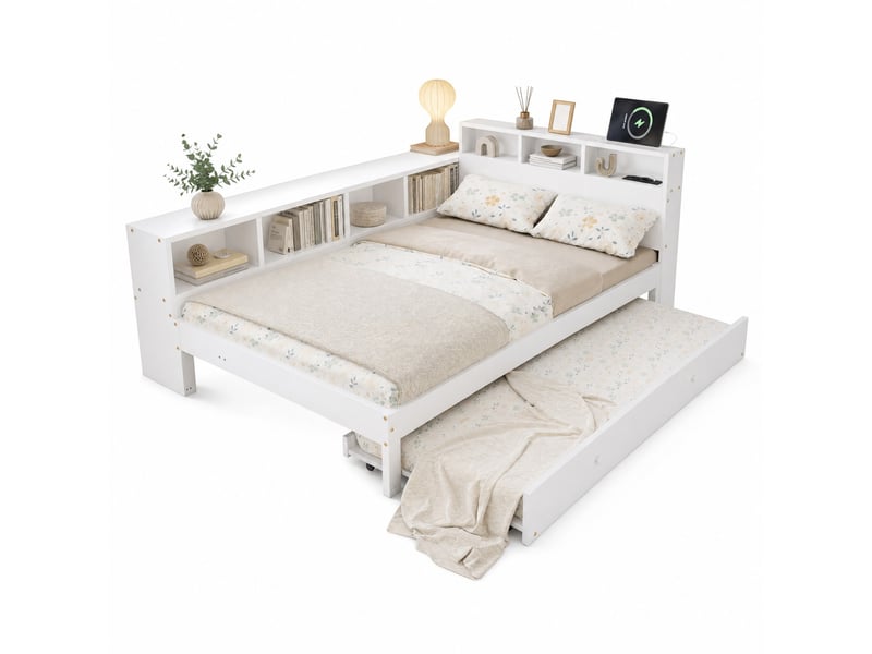 Lit gigogne 2 places 120×200 cm et 90×190 cm avec étagères et station de charge - okmyhome- sans matelas, blanc - Conforama A
