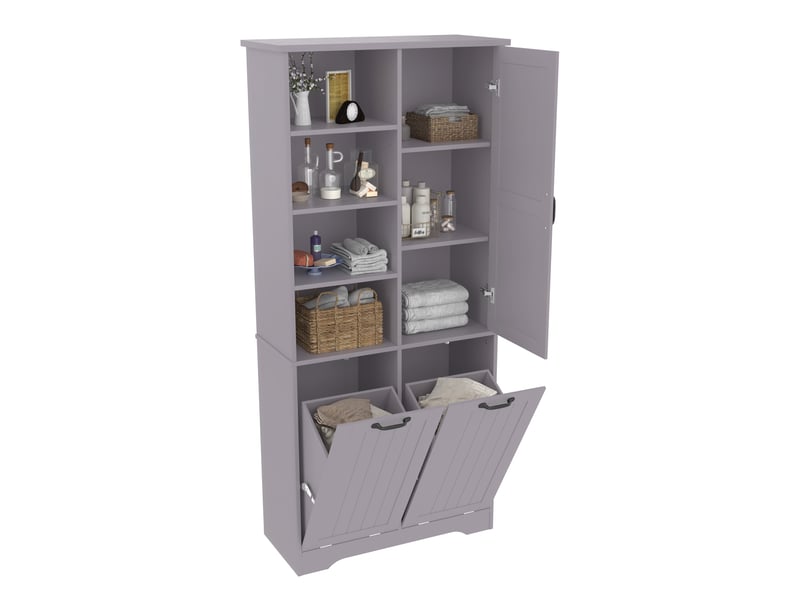 Armoire de salle de bain 78x35x172 cm, laquée anti-humidité, 2 paniers à linge, gris - Conforama A