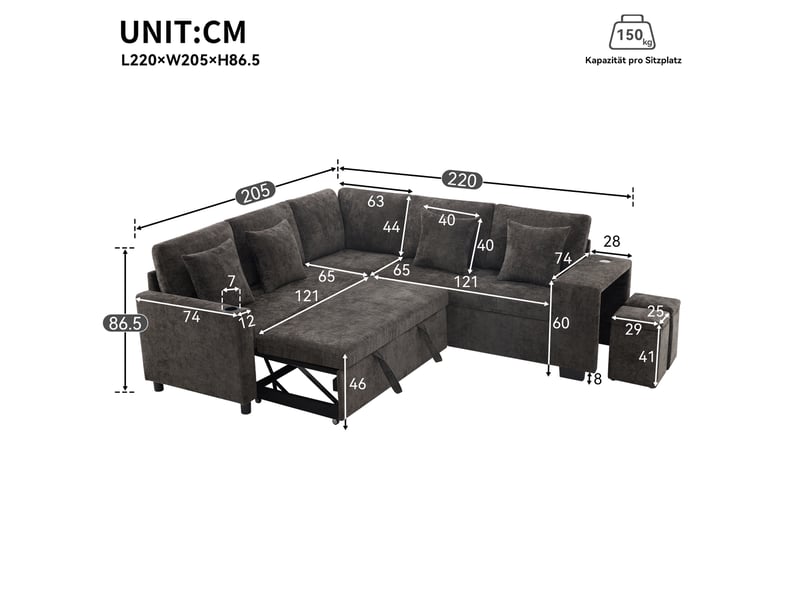  Canapé d'angle convertible 5 places gris en velours côtelé, rangement, usb et usb-c, méridienne réversible  - Conforama C