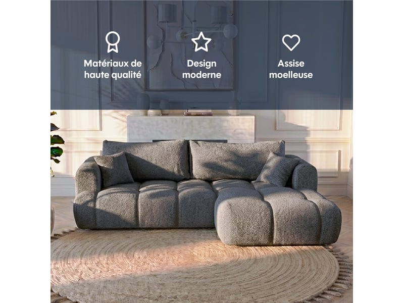  Canapé nuage angle droit en bouclette et pin massif gris - elina - morphea Elina droite - Conforama C