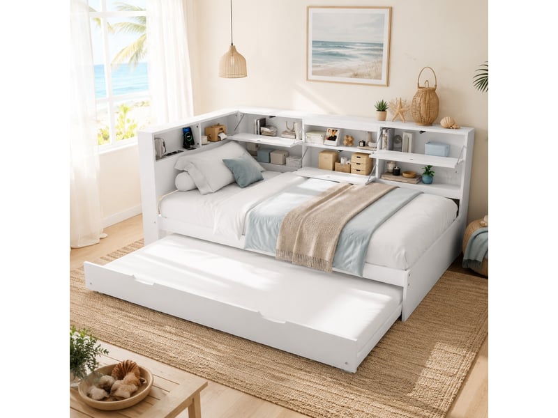  Lit gigogne 90x200 cm avec rangements et ports usb, blanc  - Conforama B