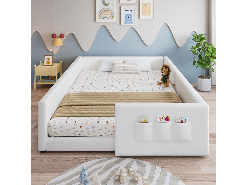 Lit enfant 140x200 cm rembourré pu 3 poches latérales design moderne épuré blanc  - Conforama B