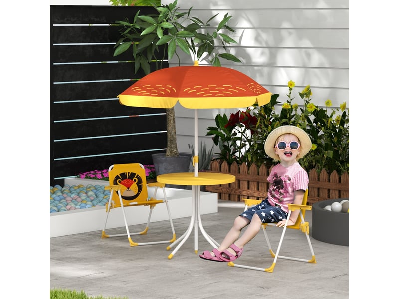  Ensemble de 2 chaises pliantes et une table pour enfants, table de jardin à hauteur réglable sur le thème du lion avec parasol, jaune  - Conforama C