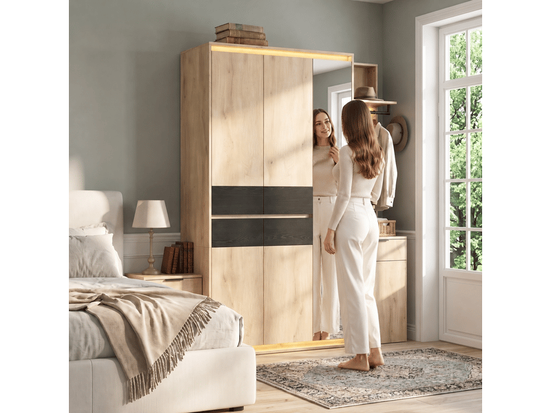  Armoire penderie avec miroir et led 155x200 cm - vestiaire d'entrée moderne 5 tiroirs  - Conforama B