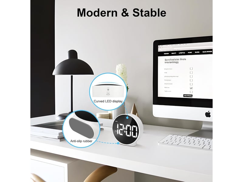  Reveil numerique avec led ecran incurvé, rond digitale reveil matin moderne avec 2 alarme, fonction snooze, 1224h, 4 luminosité réglable, blanc  - Conforama D