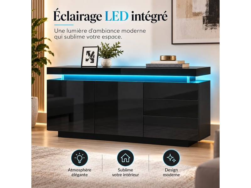 Buffet noir brillant commode de rangement moderne avec éclairage led armoire de cuisine avec 2 portes, 3 tiroirs 140 x 38 x 72 cm - Conforama E