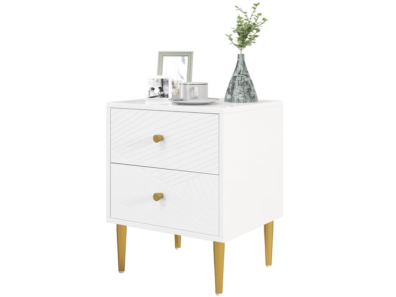  Table de chevet 40 x 35 x 50 cm 2 tiroirs rangement spacieux poignées ton or pieds acier moderne épuré en mdf blanc 21_0001626  - Conforama A
